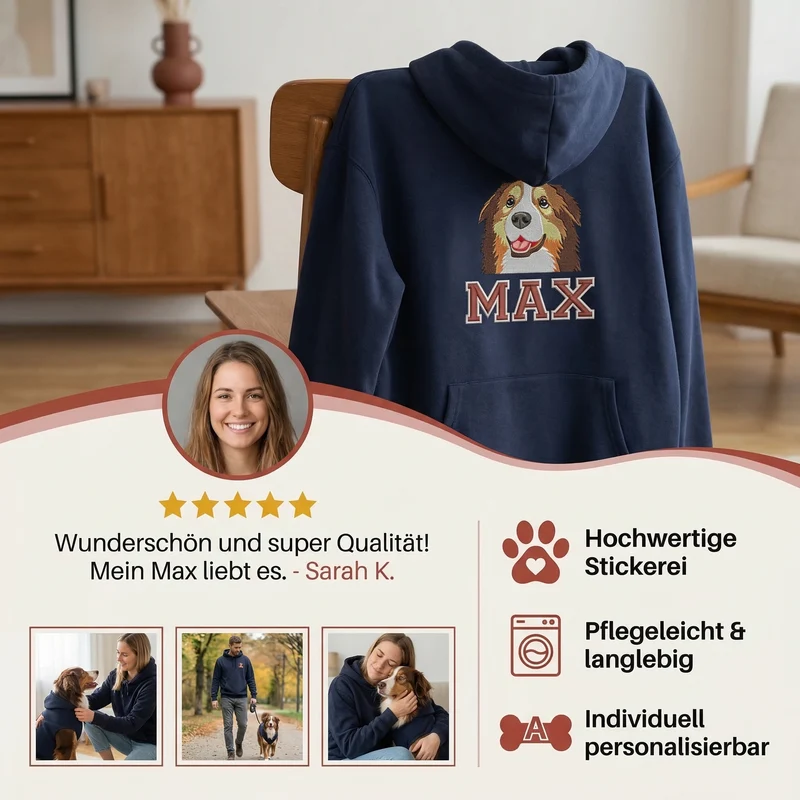 Personalisierter Hunde Hoodie – Haustiermotiv & Namensstickerei im College-Look