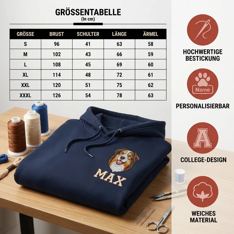 Personalisierter Hunde Hoodie – Haustiermotiv & Namensstickerei im College-Look