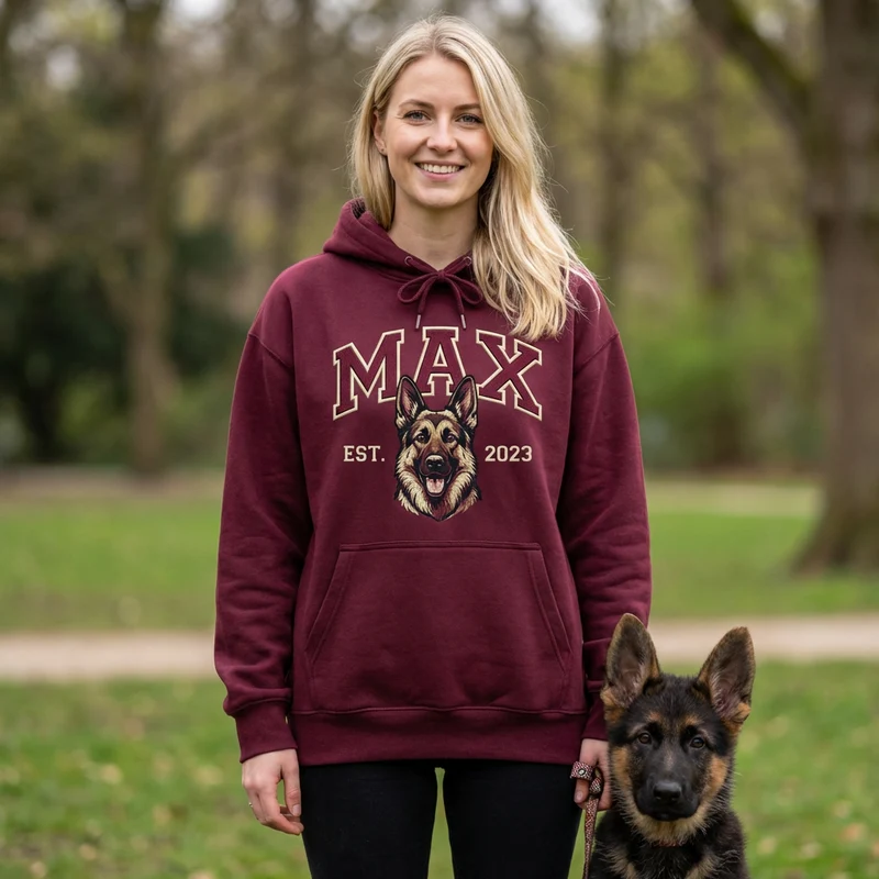 Personalisierter Hunde Hoodie – Haustiermotiv & Namensstickerei im College-Look