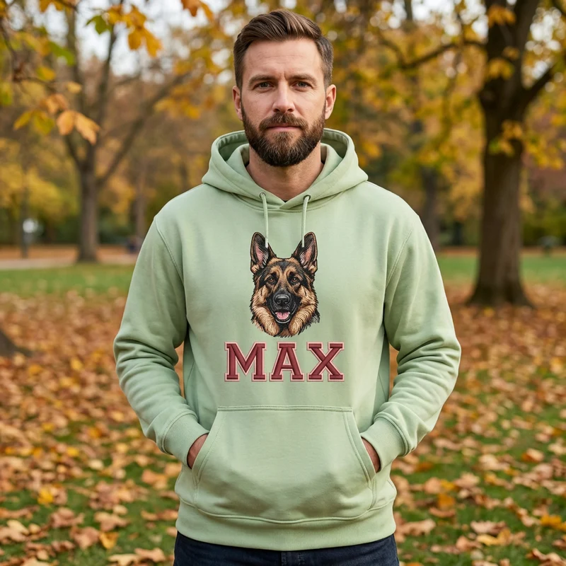 Personalisierter Hunde Hoodie – Haustiermotiv & Namensstickerei im College-Look