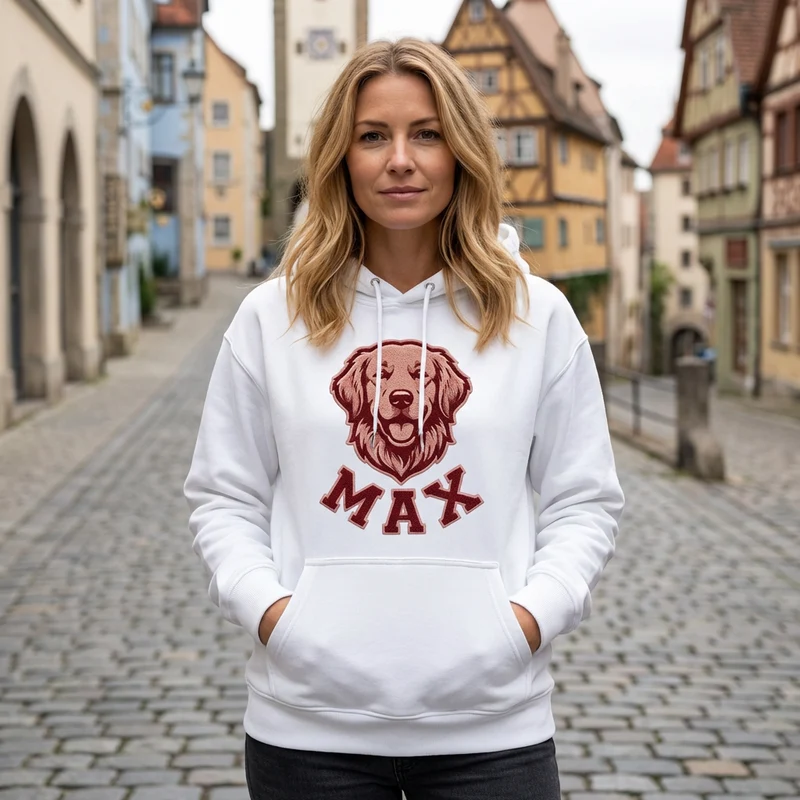 Personalisierter Hunde Hoodie – Haustiermotiv & Namensstickerei im College-Look