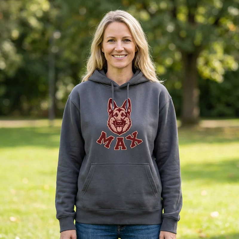 Personalisierter Hunde Hoodie – Haustiermotiv & Namensstickerei im College-Look
