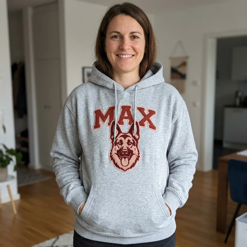 Personalisierter Hunde Hoodie – Haustiermotiv & Namensstickerei im College-Look