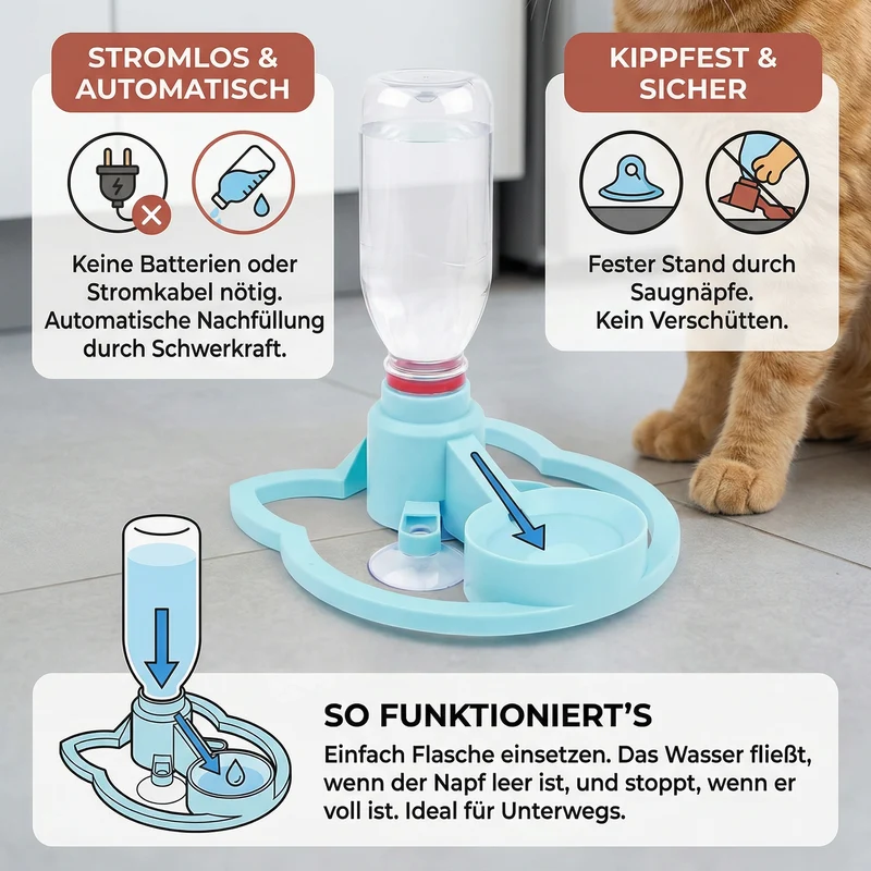Automatischer Haustier-Wasserspender Stromlos, Kippfest und Perfekt für Unterwegs