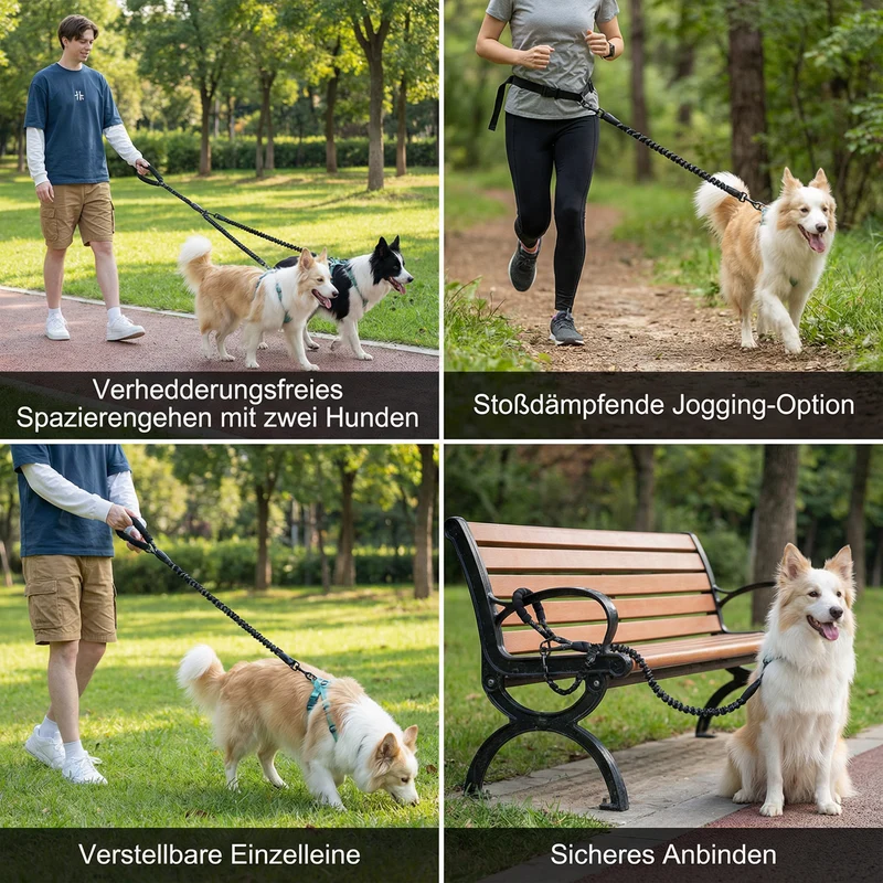 2-in-1 Hunde-Doppelleine mit 360° Drehgelenk – Verhedderungsfrei & Stoßdämpfend