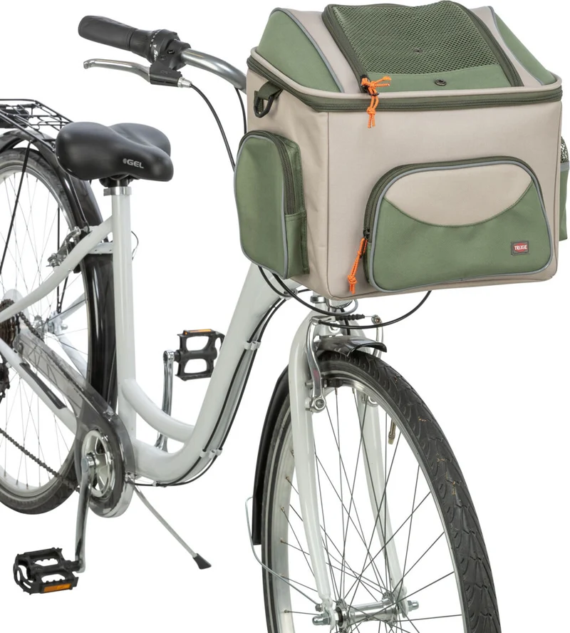 Hundefahrradkorb vorne mit Außentaschen und Schultergurt, beige/grün