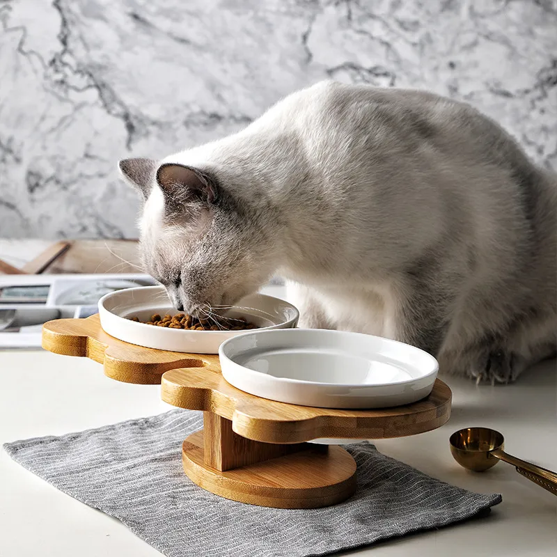 Erhöhte Futterschale Für Katzen – Doppelnapf Aus Keramik Mit Bambusständer