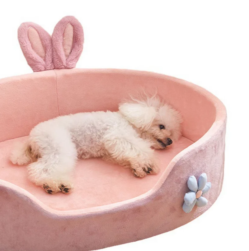 Hundebett Hase – Weiches Kuscheliges Haustierbett Mit Ohren Blumen-Deko