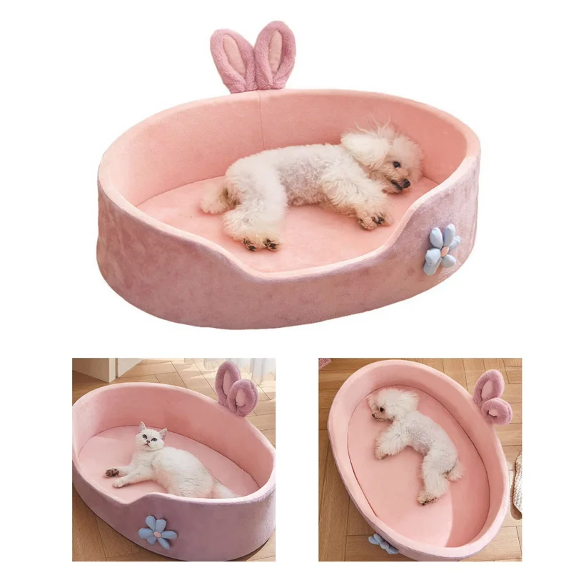 Hundebett Hase – Weiches Kuscheliges Haustierbett Mit Ohren Blumen-Deko