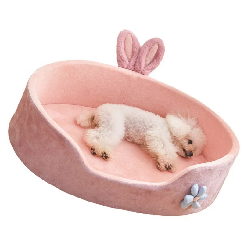 Hundebett Hase – Weiches Kuscheliges Haustierbett Mit Ohren Blumen-Deko