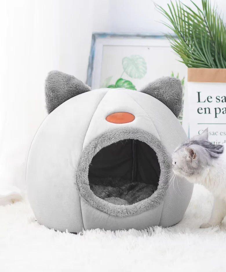Katzenförmiges Kuschelbett für Haustiere – Weiches Wärmendes Katzenhaus mit Abnehmbarem Kissen