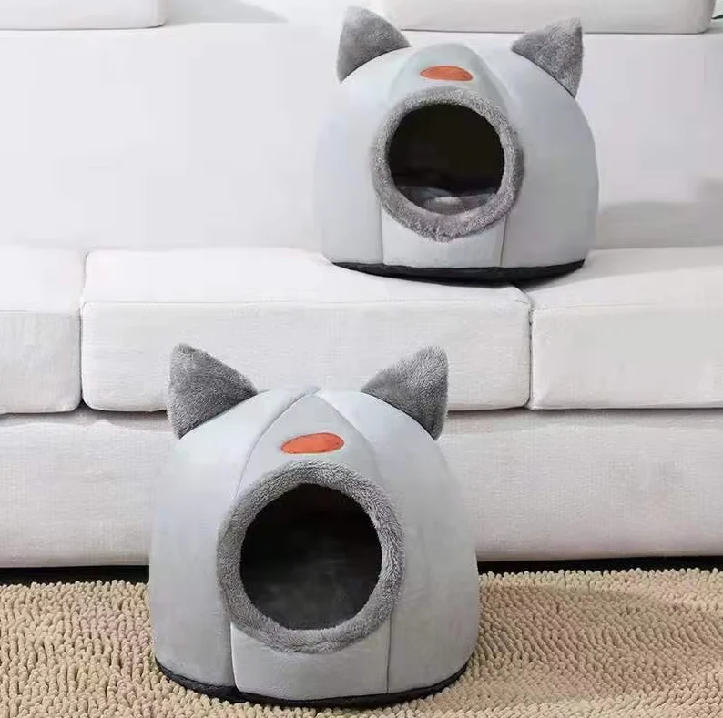 Katzenförmiges Kuschelbett für Haustiere – Weiches Wärmendes Katzenhaus mit Abnehmbarem Kissen