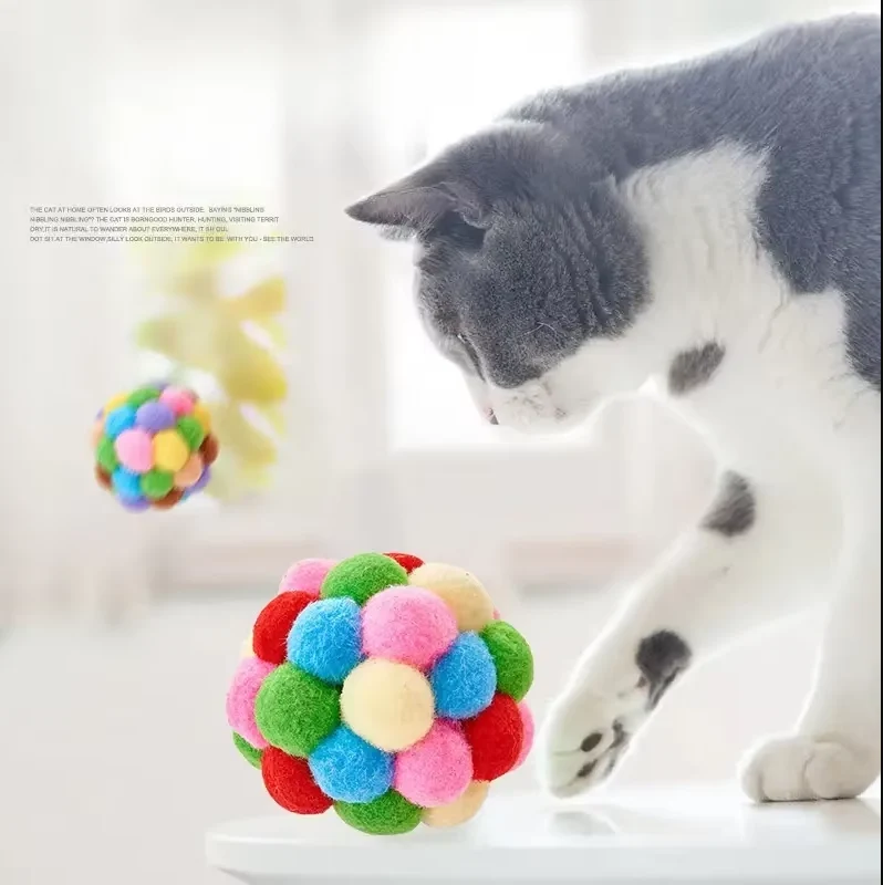 Bunter Pompom-katzenball – Weiches Interaktives Spielzeug Für Verspielte Stubentiger