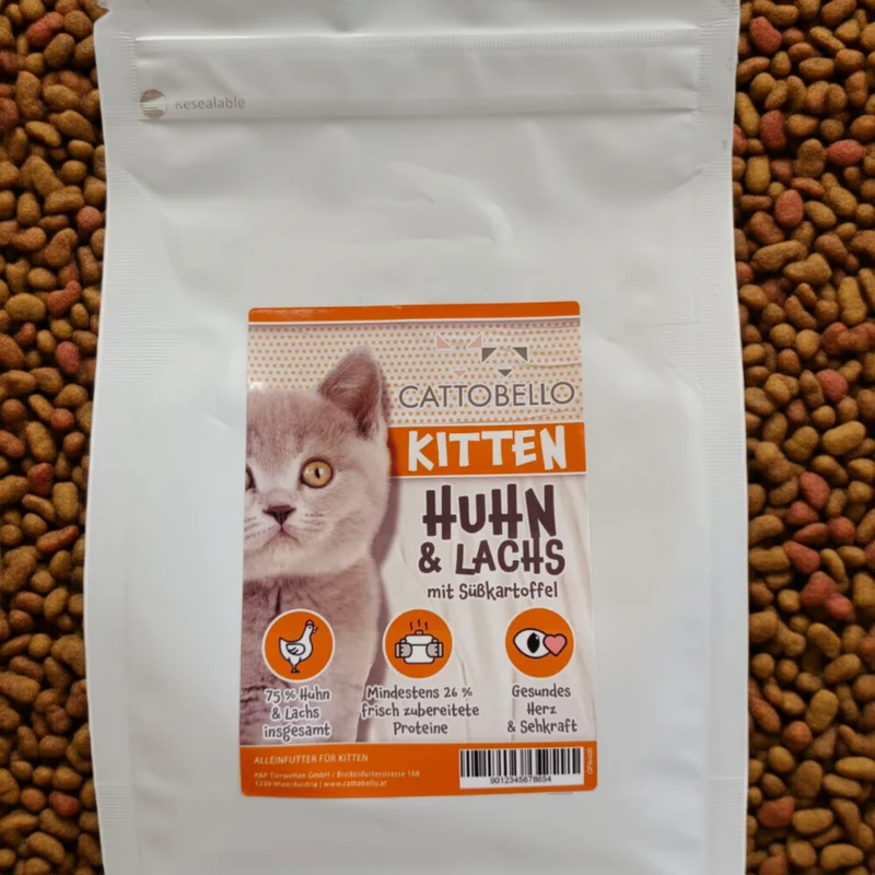Cattobello Kitten Huhn und Lachs mit Süßkartoffeln 400g