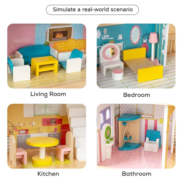 Little Story - Wooden Dollhouse 3 Floors - Multicolor