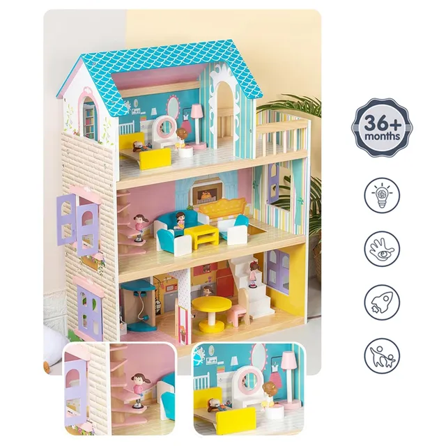 Little Story - Wooden Dollhouse 3 Floors - Multicolor