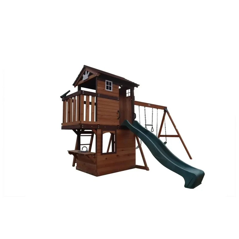 Mount Peak - Elbrus Swing Set & Playhouse With Wooden Roof