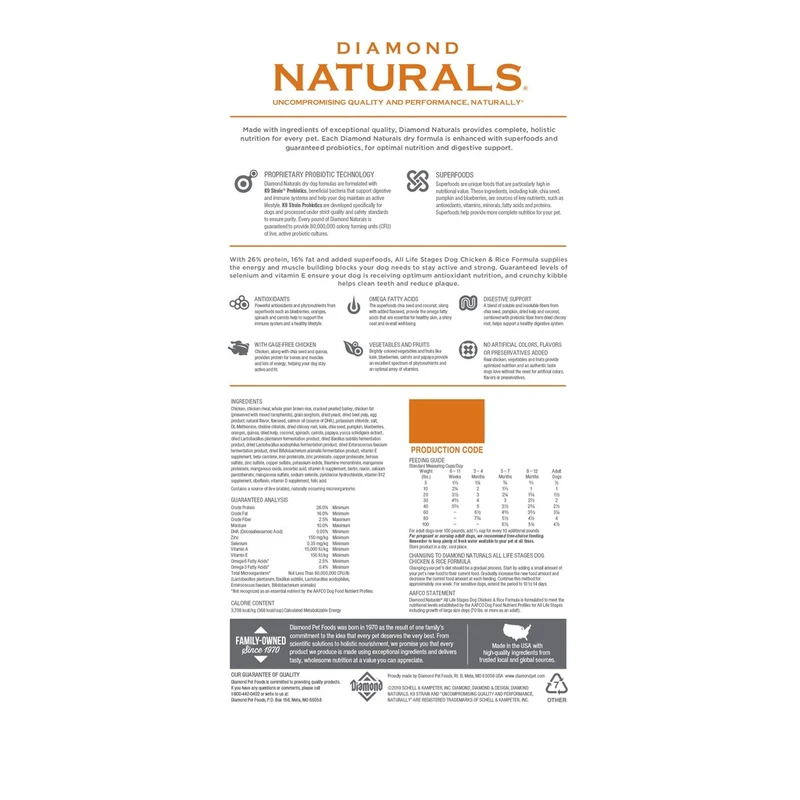 Diamond Naturals All Life stages Dog Chicken & Rice Formula 2Kg / 4.40LB