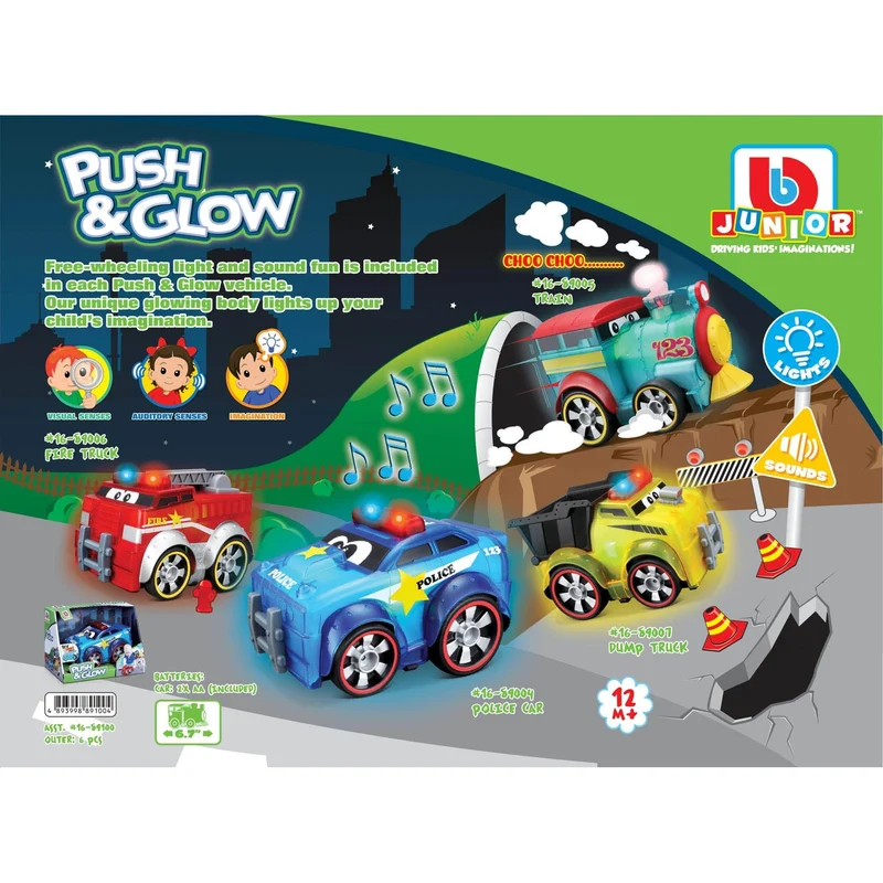 BB Junior - Push & Glow Police Car, Train, Fire Truck, Dump Truck ( Assorted)