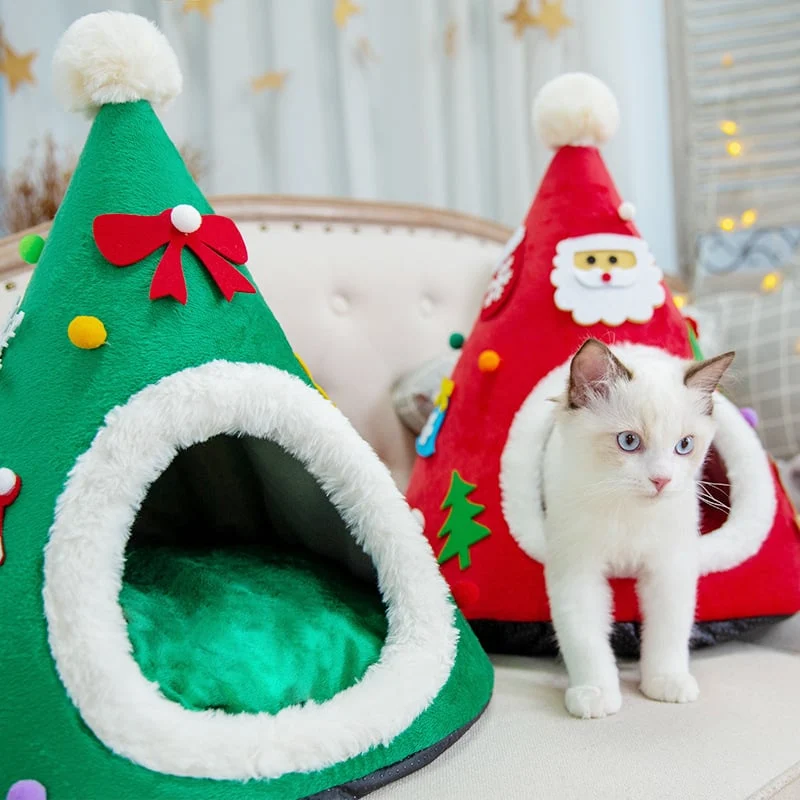 Weihnachtliches Katzenhaus für Kleine Haustiere – Kuschelige Winterhöhle mit Tannenbaum-Design