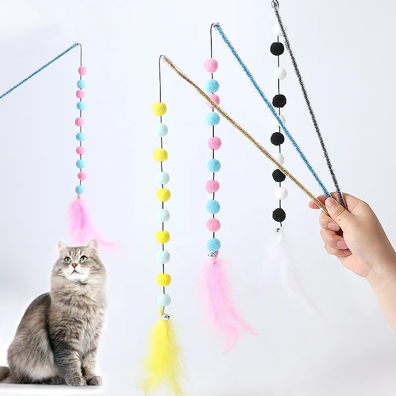 Interaktives Katzenspielzeug mit Pompons und Federn – Spielangel für Katzen