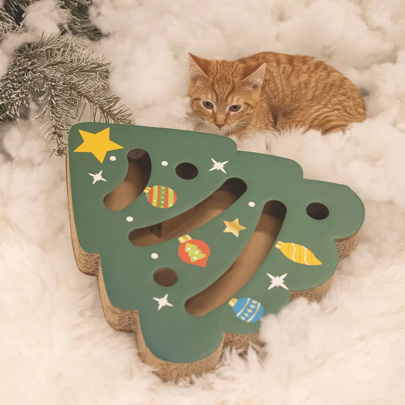 Beeztees XMAS Katzenspiel mit Ball & Glöckchen - Kratzspiel Kratzbrett Pappe