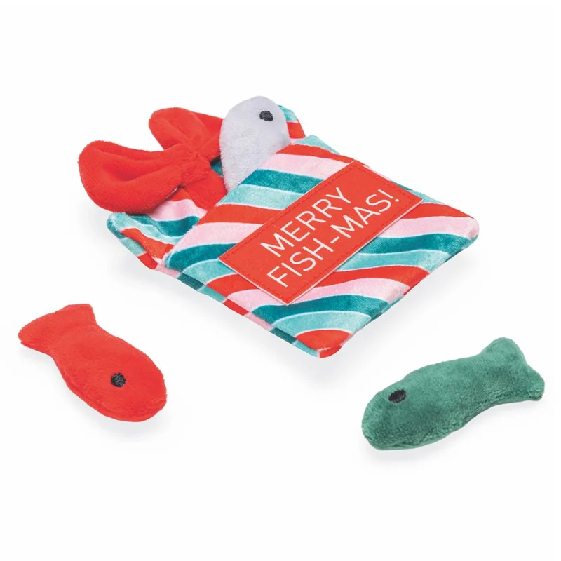 Beeztees XMAS Katzenspielzeug Geschenktüte mit Fischen Catnip Katzenminze Plüsch