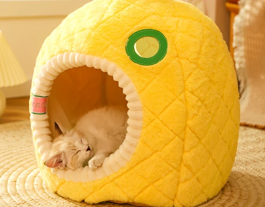 Katzenhöhle Ananas – Weiche und Gemütliche Schlafhöhle für Katzen, Haustierbett für Katzen im Frucht-Design