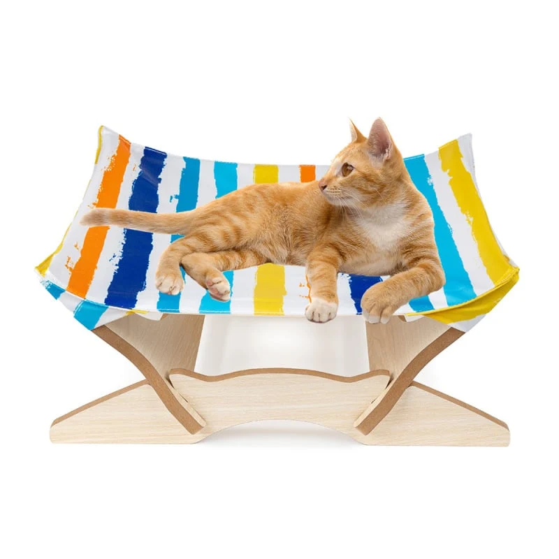 Bunte Katzenliege aus Holz mit Stoffbezug – Komfortabler Ruheplatz für Katzen