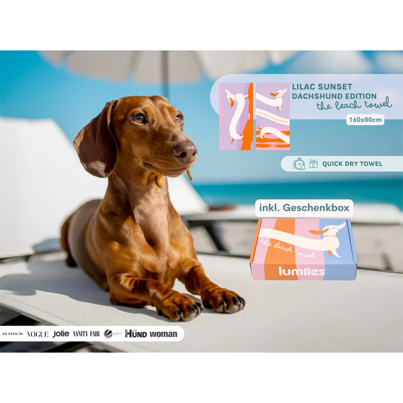The Beach Towel – Dackel, Lilac Sunset (80x160 cm)