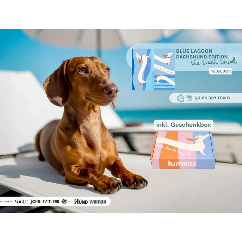 The Beach Towel – Dackel, Blue Lagoon (80x160 cm)