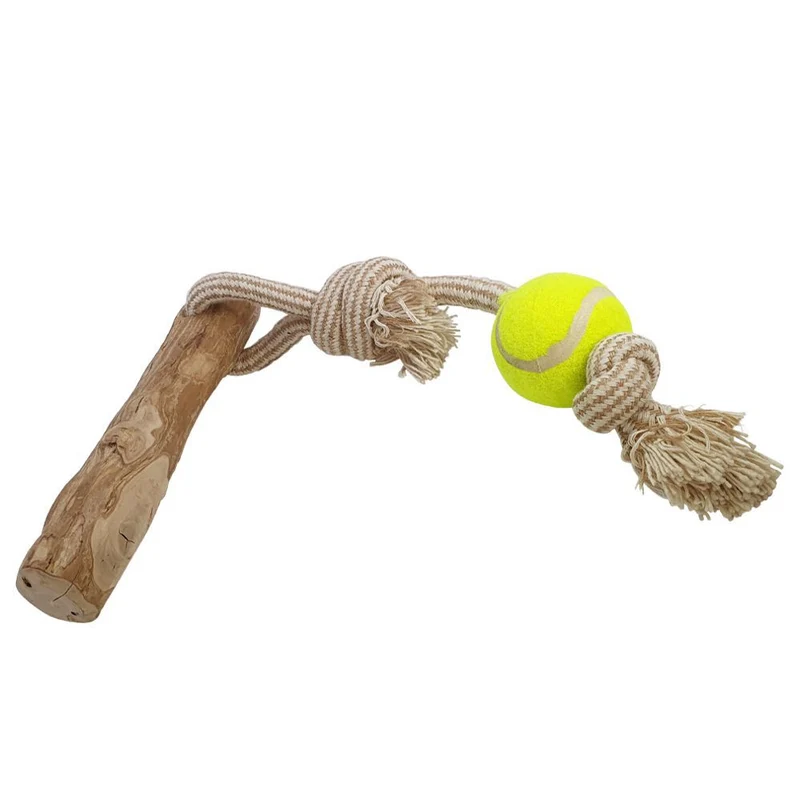 Nobby Kaffeeholz mit Hanfseil und Ball - S/M/L - Kauspielzeug Apportierspielzeug