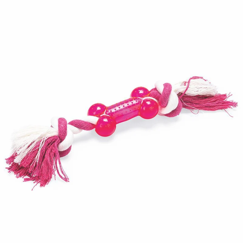 Karlie Knochen mit Seil - Hundespiel Kauspielzeug Welpen-Zerrspiel - TPR Gummi